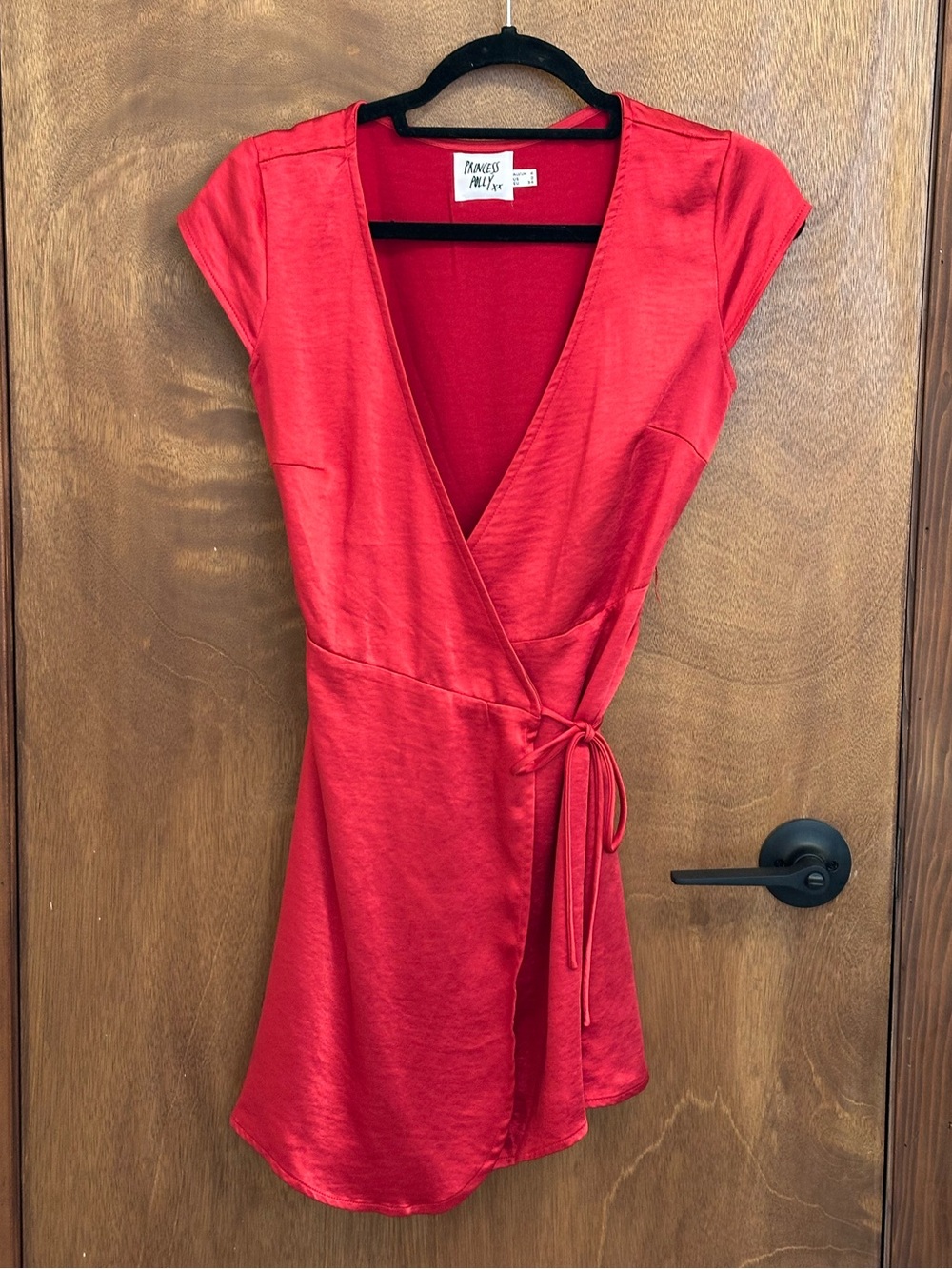 Red Satin Wrap Mini Dress - Picture 2 of 6